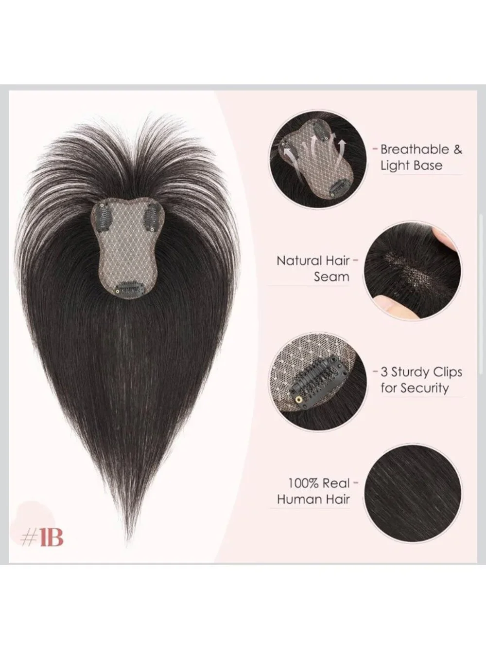 Hairro 14-Inch Human Hair Topper With Clips Natural Black Breathable Base Seamle